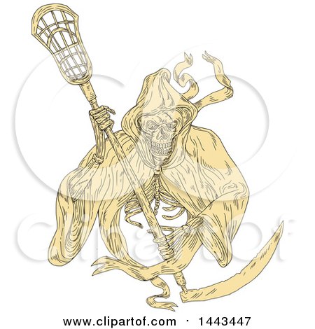 450x470 Clipart Of A Retro Grim Reaper Holding A Lacrosse Stick, In Brown