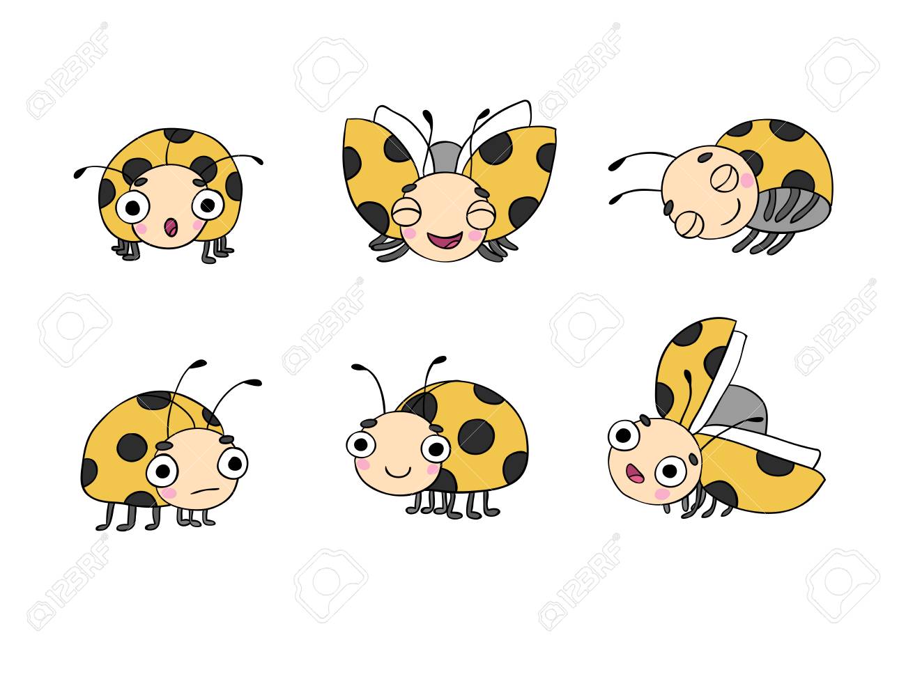 1300x975 Set Of Ladybugs. Hand Drawing Isolated Objects On White Background