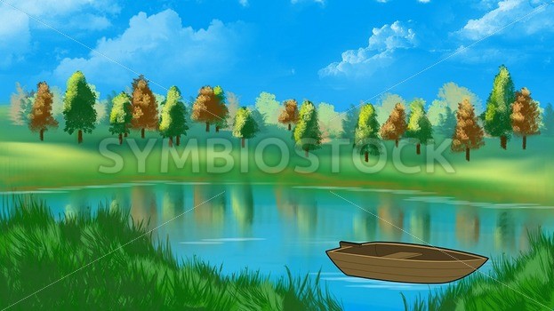 623x350 Boat On A Lake With Forest Digital Drawing Symbiostock Express Demo
