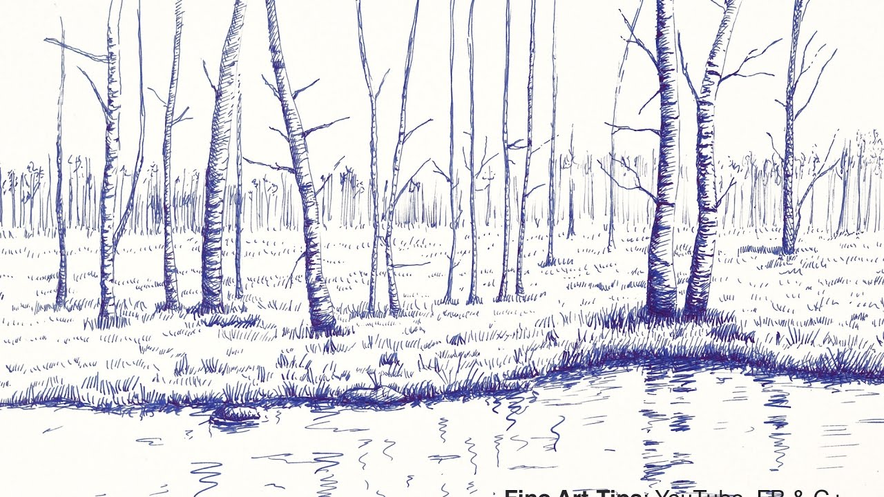 1280x720 How To Draw A Landscape With Trees And Lake, With Fountain Pen