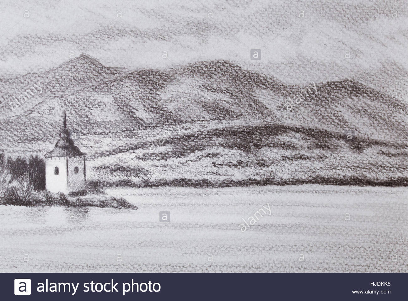1300x960 Landcsape Scenery With Lake, Chapel And Mountains, Pencil Drawing