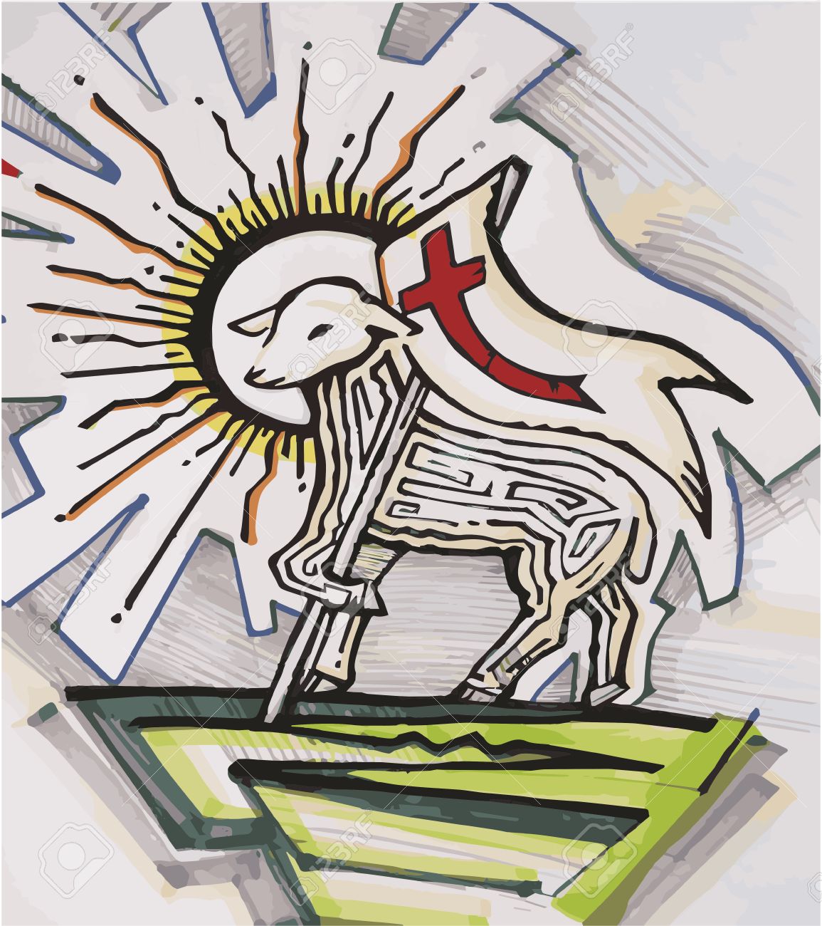 1155x1300 Hand Drawn Vector Illustration Or Drawing Of Lamb With A Flag