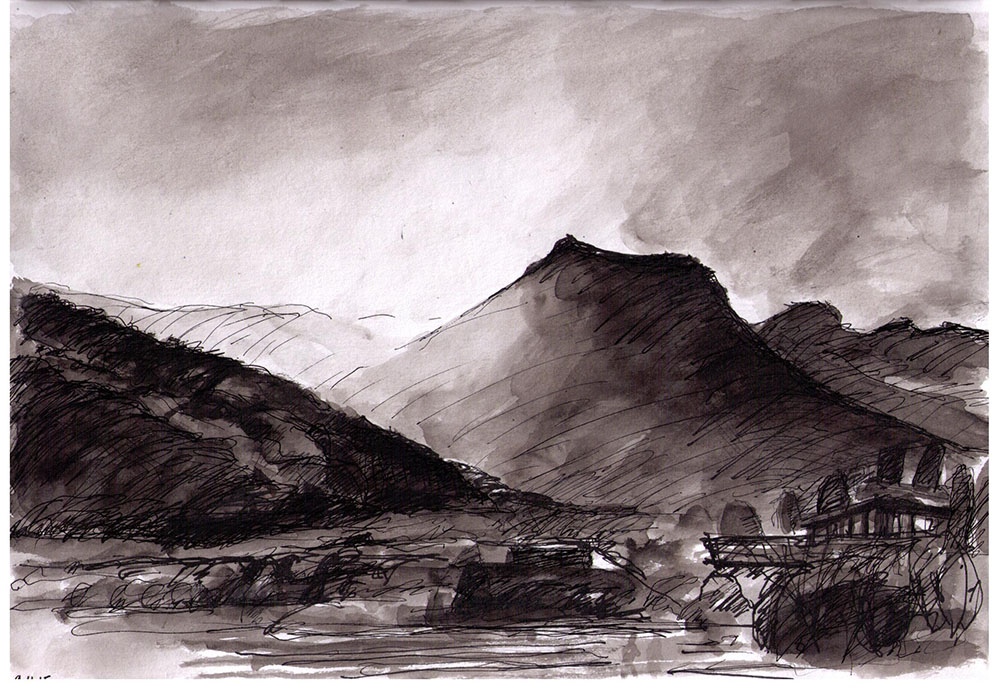 1000x689 Mountain Scene In Bhutan. Drawing In Ballpoint Pen And India Ink