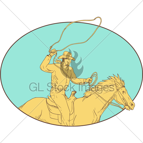 500x500 Rodeo Cowboy Lasso Horse Circle Drawing Gl Stock Images