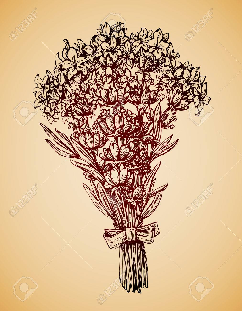 1012x1300 Vintage Bouquet Of Flowers. Hand Drawn Retro Sketch Lavender