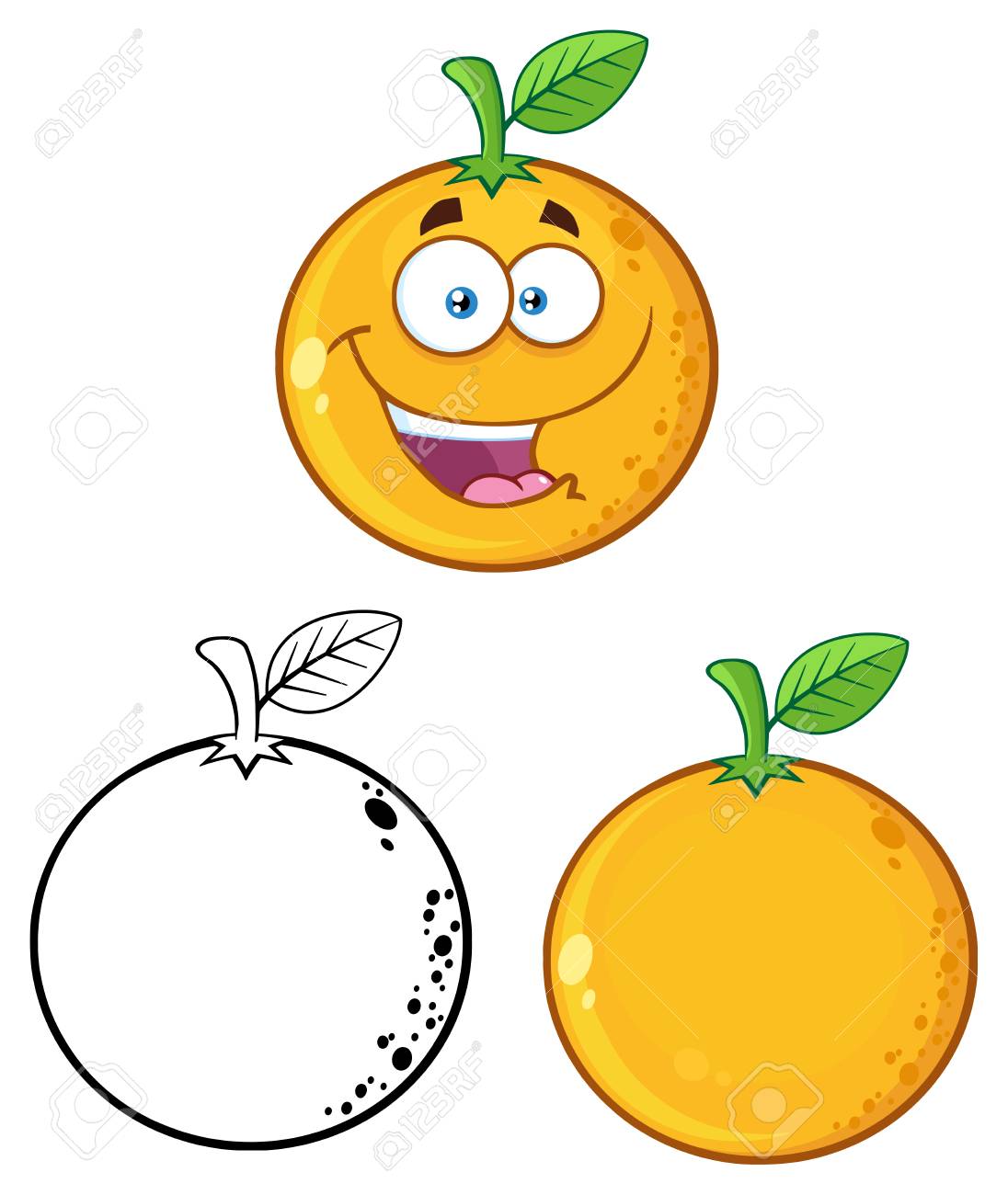1096x1300 Orange Fresh Fruit With Green Leaf Cartoon Drawing 3. Set
