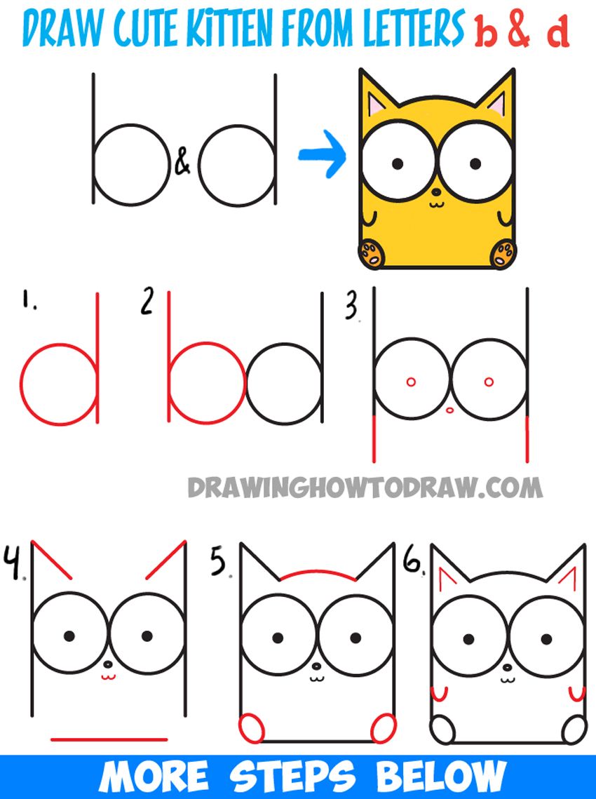 850x1139 How To Draw Cartoon Baby Kitty Cat Or Kitten From Letters Easy