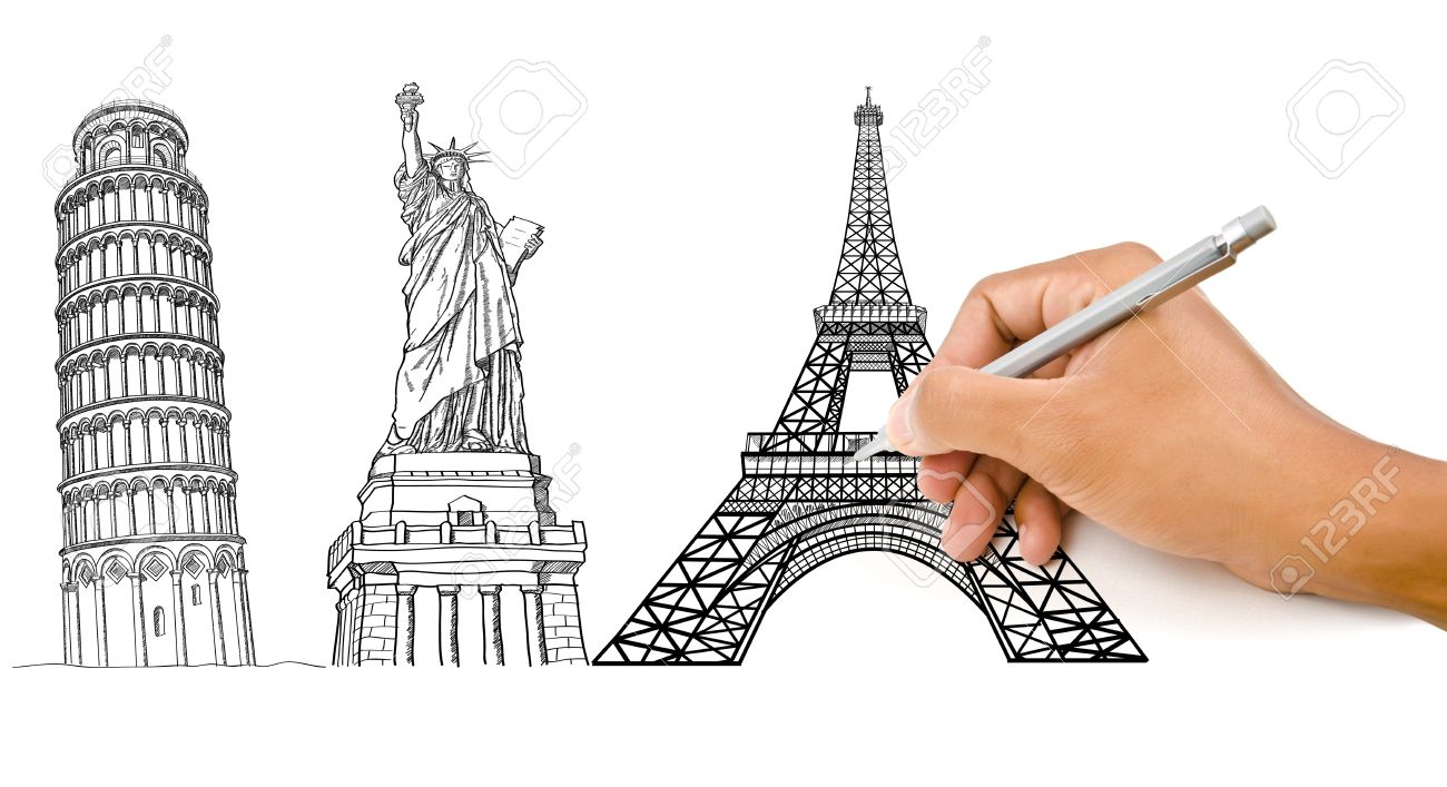 1300x707 Hand Drawing Pisa Tower, Eiffel Tower And Statue Of Liberty Line