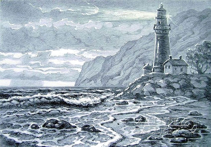 700x490 Pencil Drawings. Drawing. Evening. Lighthouse. Kulagin Oleg