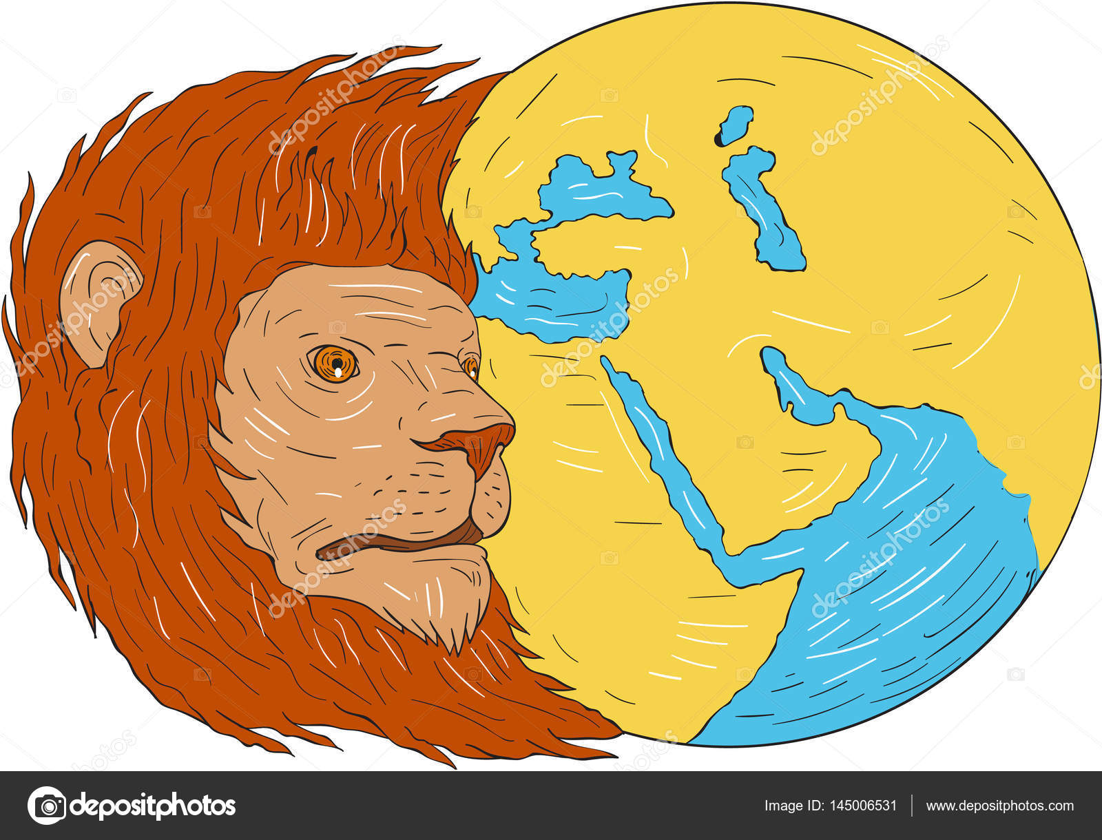 1600x1220 Lion Head Middle East Asia Map Globe Drawing Stock Vector