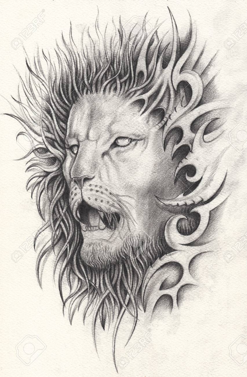 853x1300 Art Surreal Lion Tattoo. Hand Pencil Drawing On Paper. Stock Photo