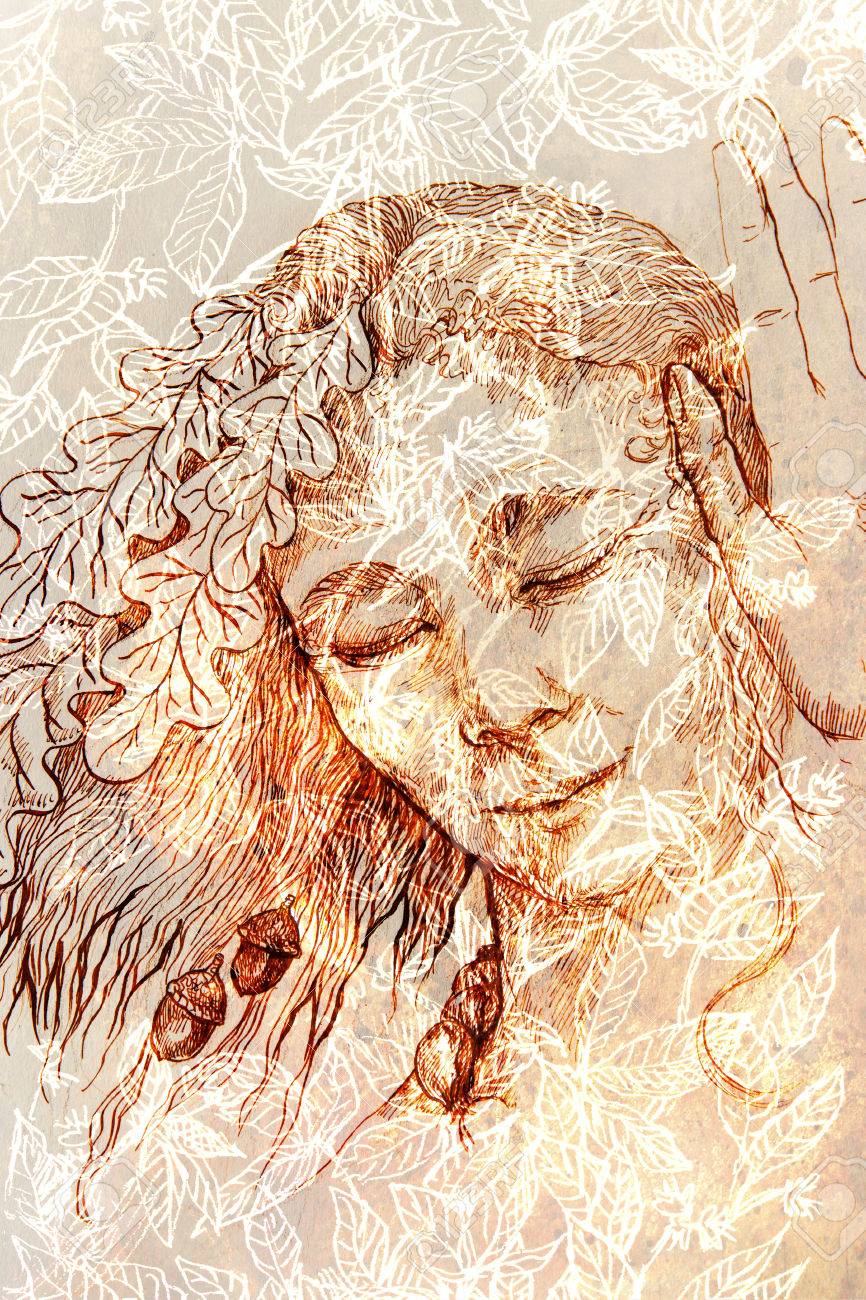 866x1300 Wise Woman With Oak Leaves Listening To Secret Voice, Drawing