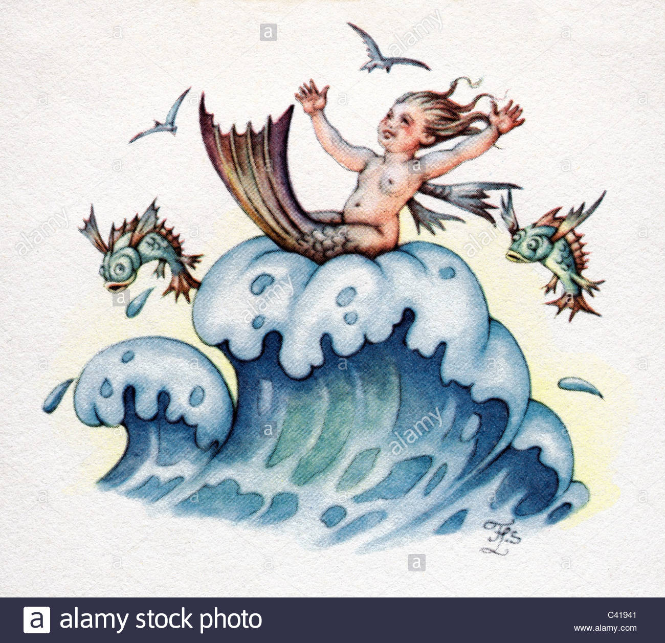 1300x1257 Literature, Fairytales, Underwater Creature, Coloured Drawing By F