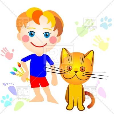 400x400 Cartoon Little Boy And A Cat Drawing Royalty Free Vector Clip Art