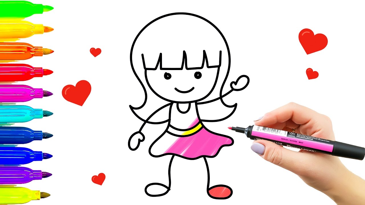 1280x720 Little Girl Drawing And Coloring For Kids. Learning How