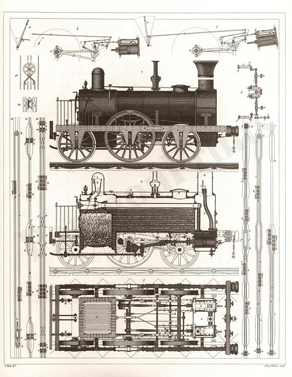 570x735 1850 Railroad Steam Locomotive Drawing New Giclee Art Print