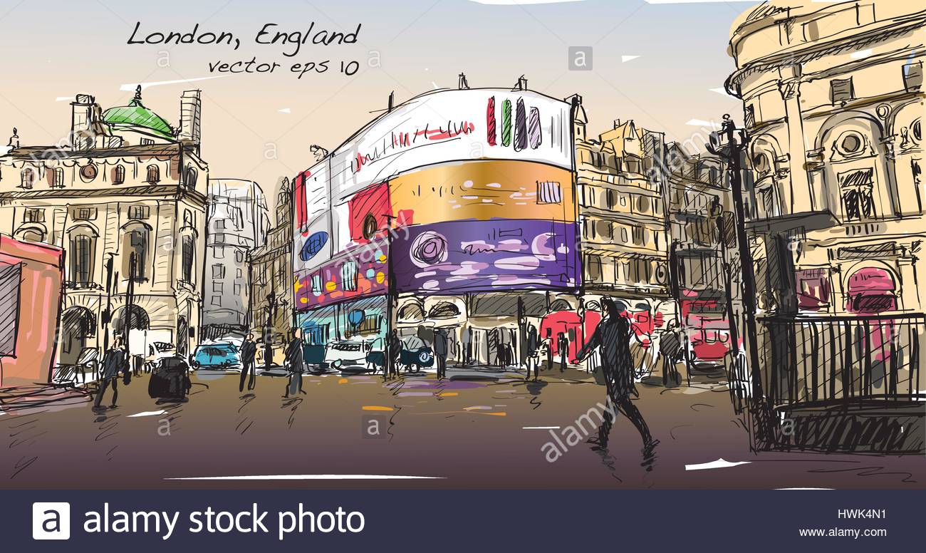 1300x776 Cityscape Drawing Sketch In London England, Show Walk Street