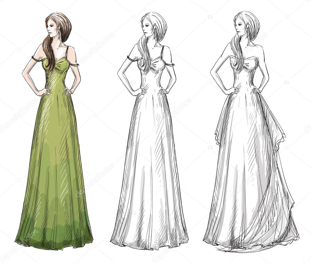 1023x864 Fashion Hand Drawn Illustration. Vector Sketch. Long Dress