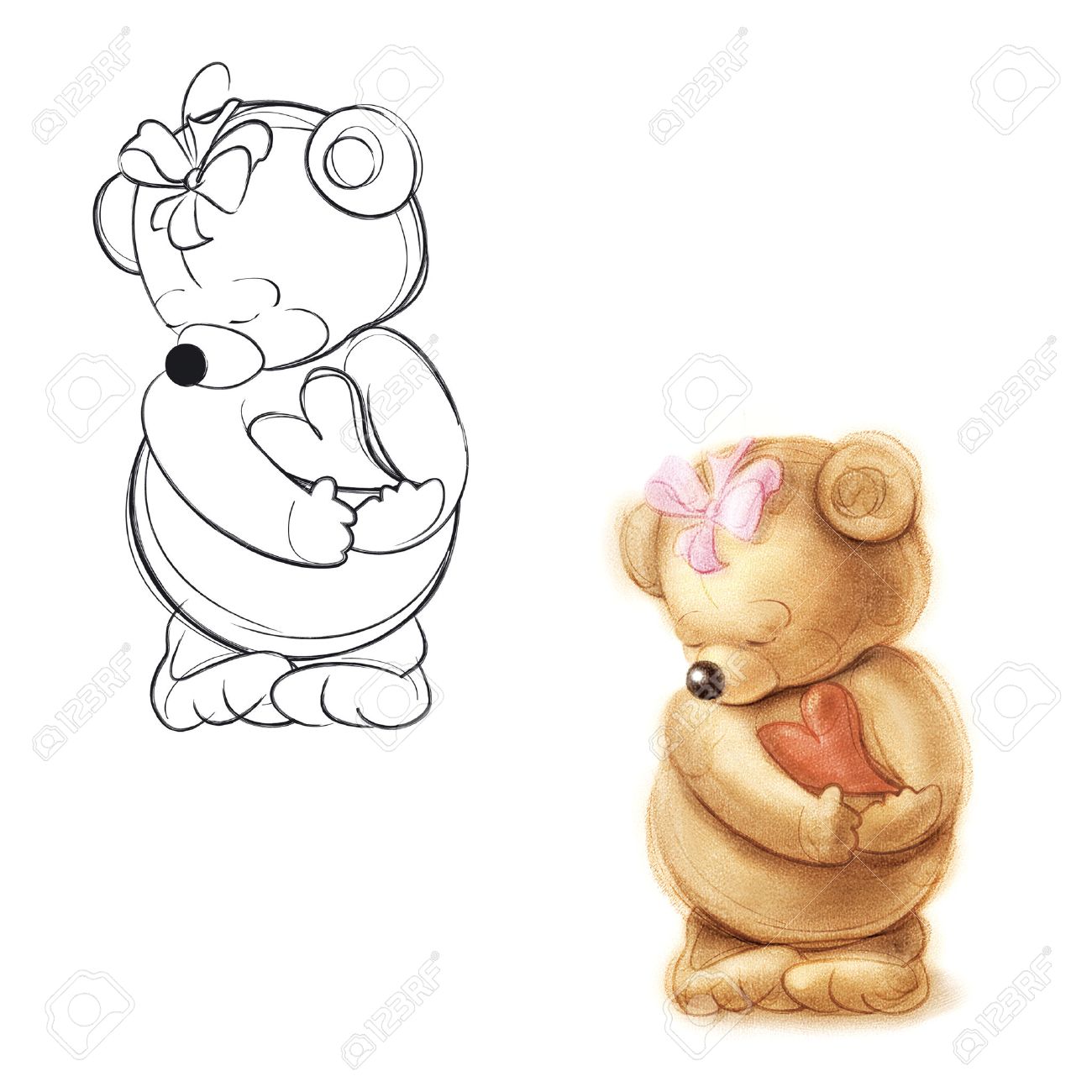 1300x1300 Teddy Bear In Love. Drawing Bear. Stock Photo, Picture And Royalty