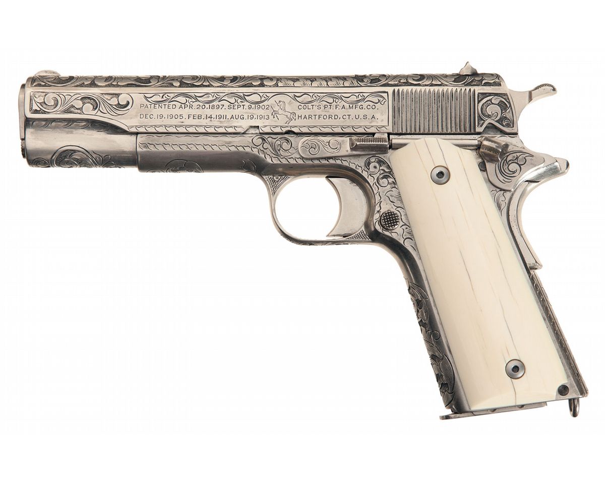 1200x959 Engraved Colt Model 1911 Semi Automatic Pistol With Ivory Grips
