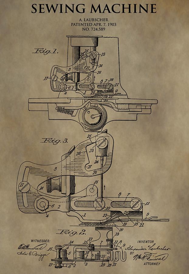 622x900 Vintage Sewing Machine Patent Drawing By Dan Sproul