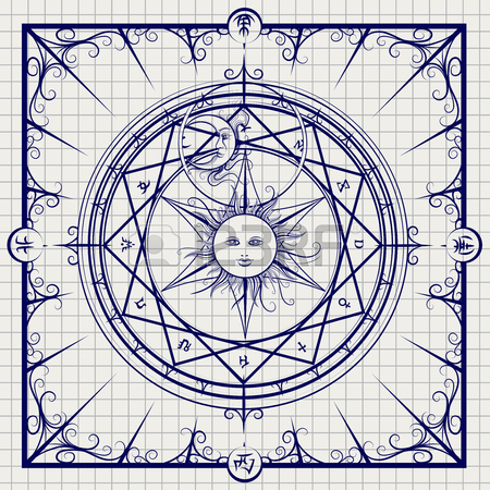 450x450 Alchemy Magic Circle On Shining Blue Background. Vector