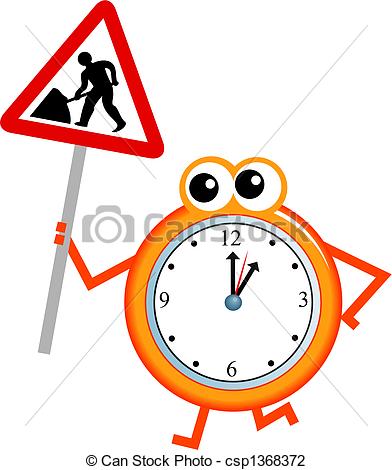 392x470 Maintenance Time. Mr Clock Man Holding A Road Sign Warning Clip