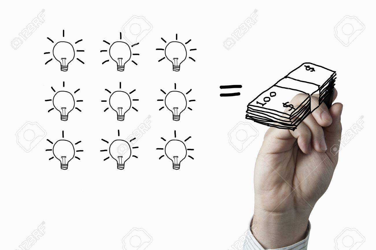 1300x865 Male Hand Drawing A Bulb And Money On Whiteboard Stock Photo