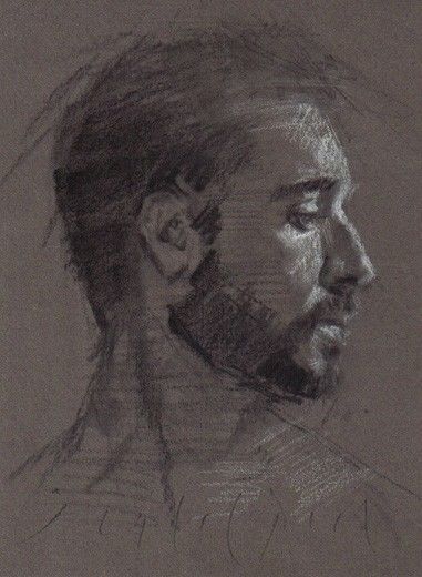 381x520 Male Portrait Young Man Profile Original Chalk Charcoal Drawing