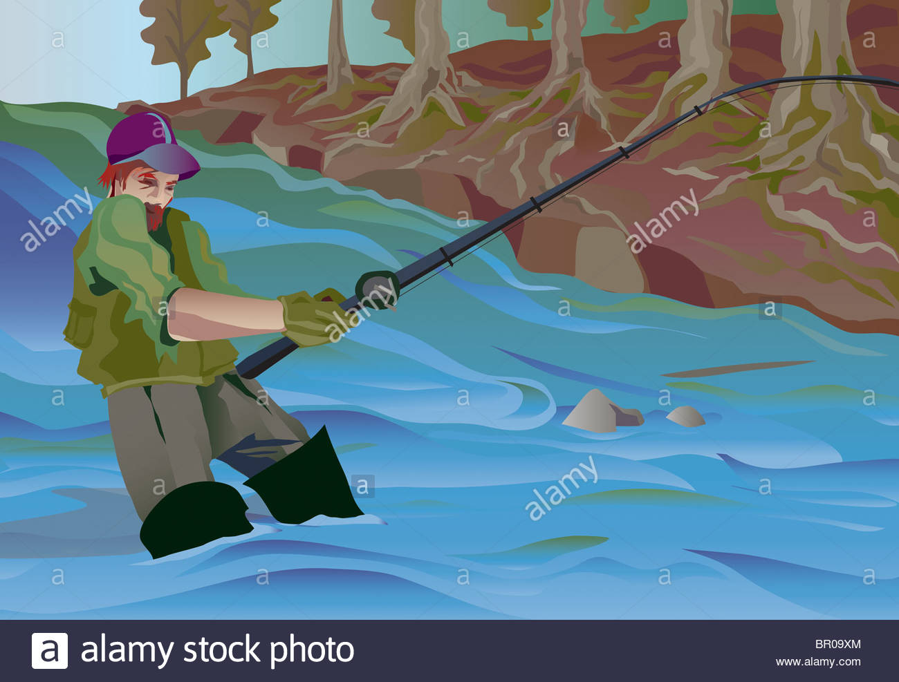 1300x987 A Drawing Of A Man Fishing Alone In The Jungles Stock Photo
