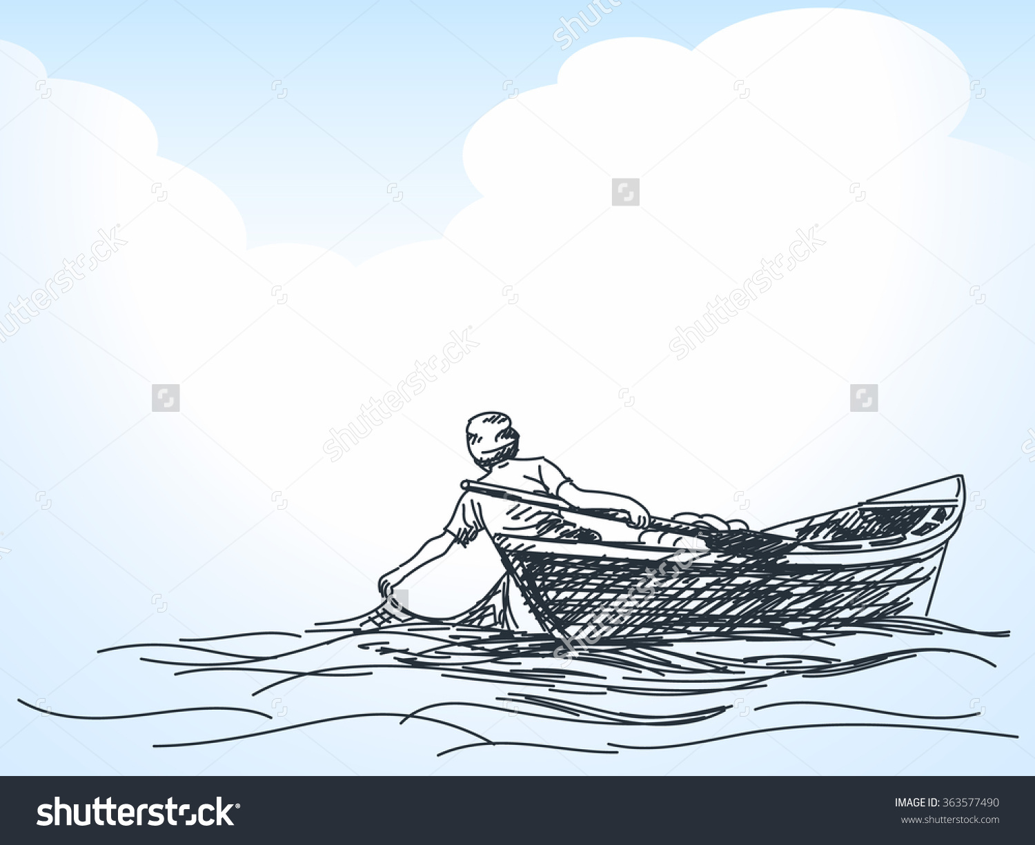 1500x1225 Sketch Of Man Fishing With Net From Boat, Hand Drawn Illustration