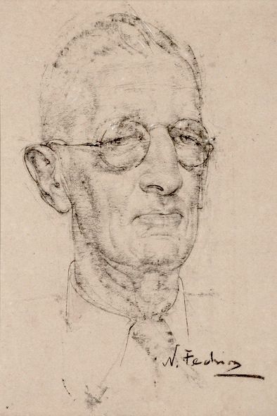 394x591 Nicolai Fechin (1881 1955) Man With Glasses, Charcoal On Paper