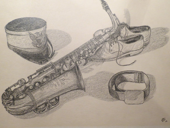 570x427 Original Pencil Drawing Of Saxophone Marching Band Hat
