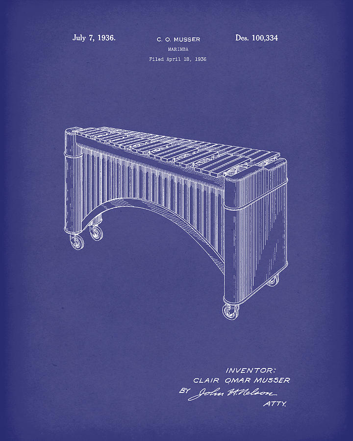 720x900 Marimba 1936 Patent Art Blue Drawing By Prior Art Design