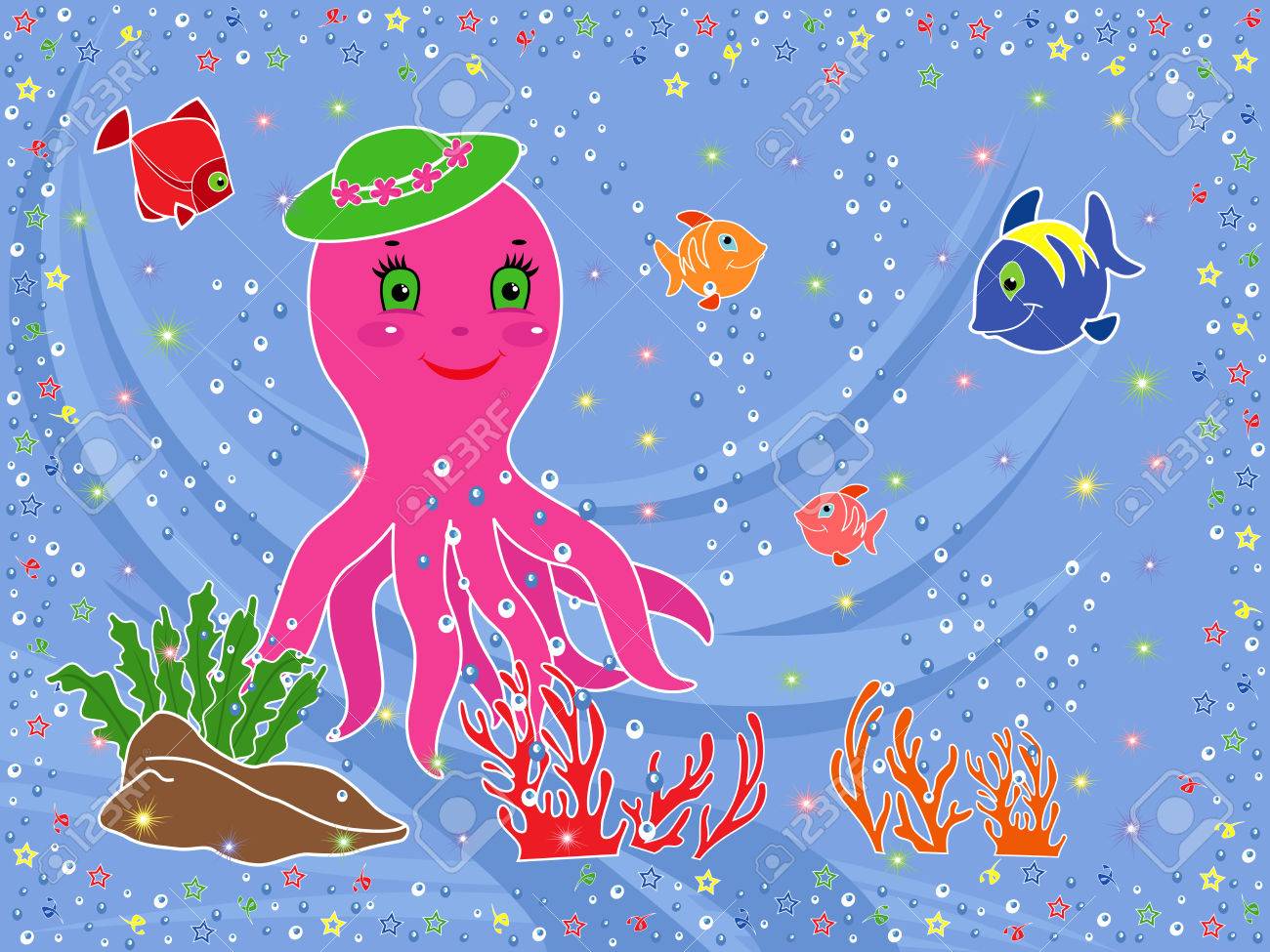 1300x975 Underwater Marine Life Funny Octopus, Fishes, Coral And Seaweed