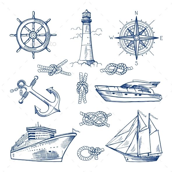 590x590 Marine Doodles Set With Ships, Boats And Nautical Items Marines