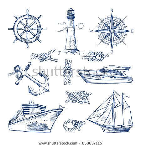 450x470 Marine Doodles Set With Ships, Boats And Nautical Anchors. Vector