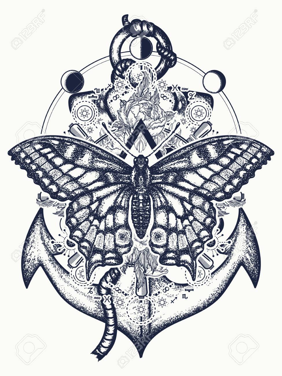 975x1300 Anchor, Roses Flowers And Butterfly, Tattoo Art. Symbol Of Freedom