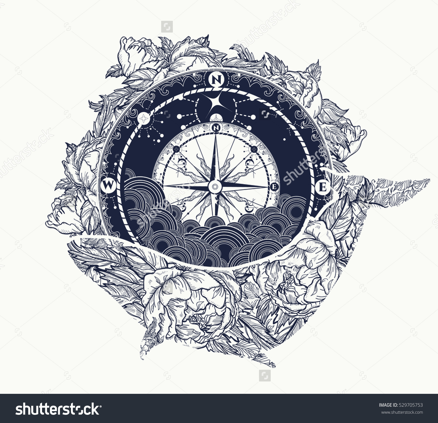1500x1450 Antique Compass And Floral Whale Tattoo Art. Mystical Symbol