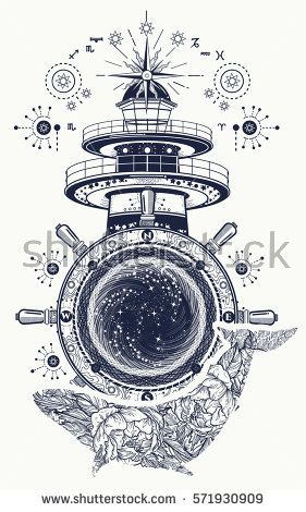 281x470 Lighthouse And Floral Whale Tattoo Art. Mystical Symbol