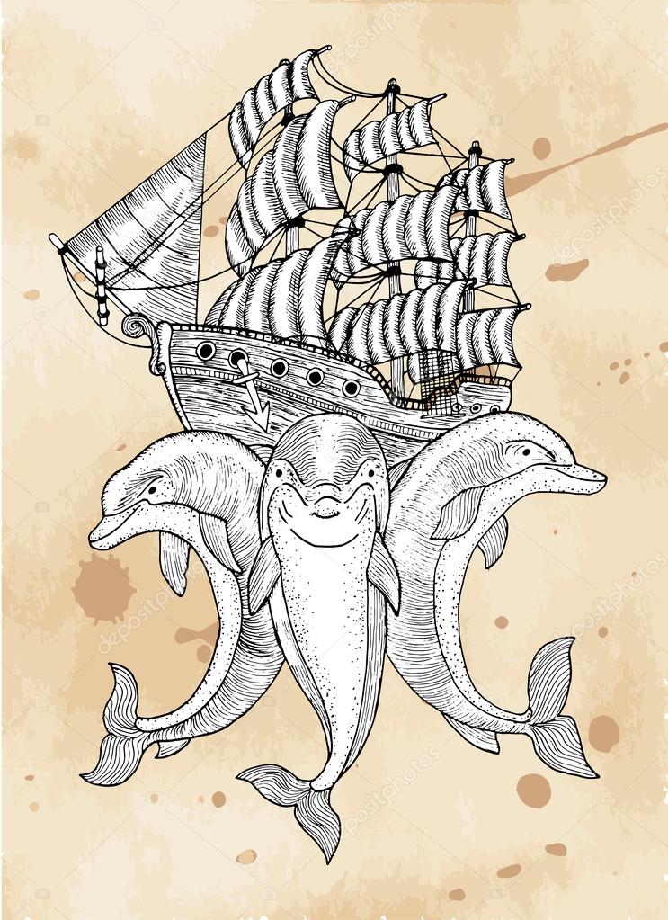 743x1023 Marine Symbol With Dolphins And Ship Stock Vector Samiramay