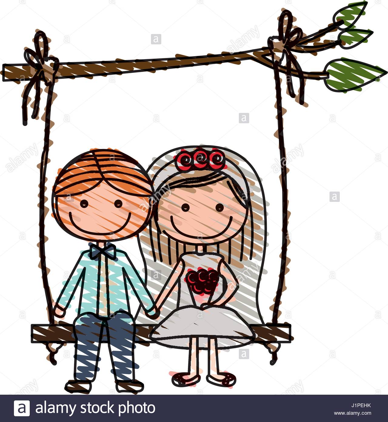 1280x1390 Color Pencil Drawing Of Caricature Married Couple Sit In Swing