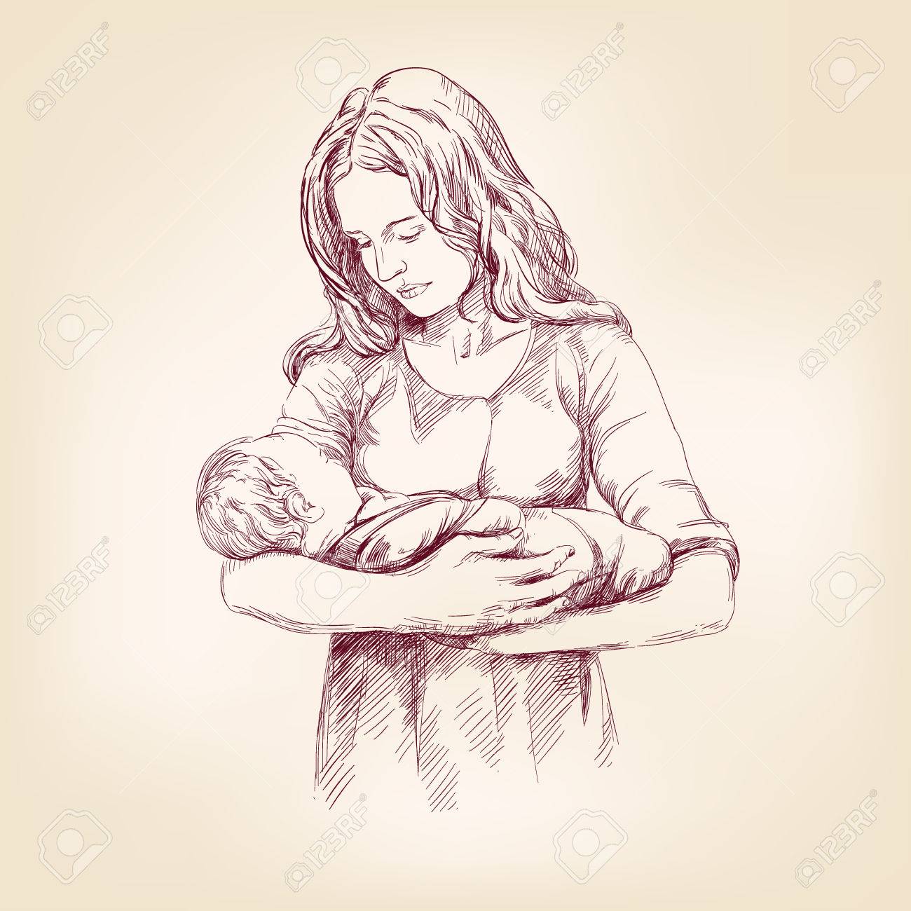 1300x1300 Madonna Mary Holding Baby Jesus Hand Drawn Vector Llustration