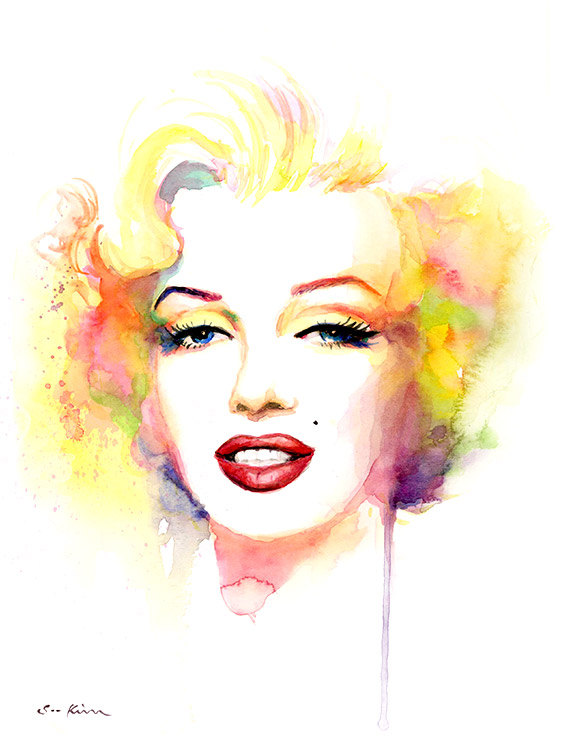 570x738 Marilyn Monroe Watercolor Painting Print Yellow Pink