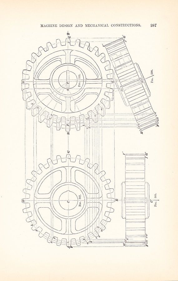 570x899 1892 Technical Drawing Gears Antique Math Geometric By Holcroft