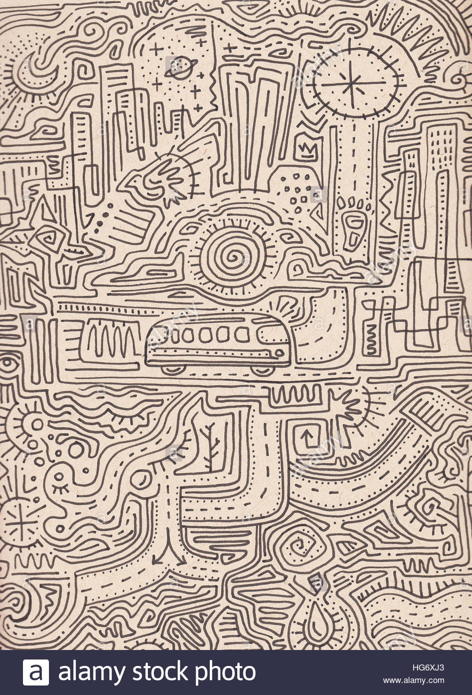 945x1390 Hand Drawn Illustration Or Drawing Of An Urban Maze And Symbols