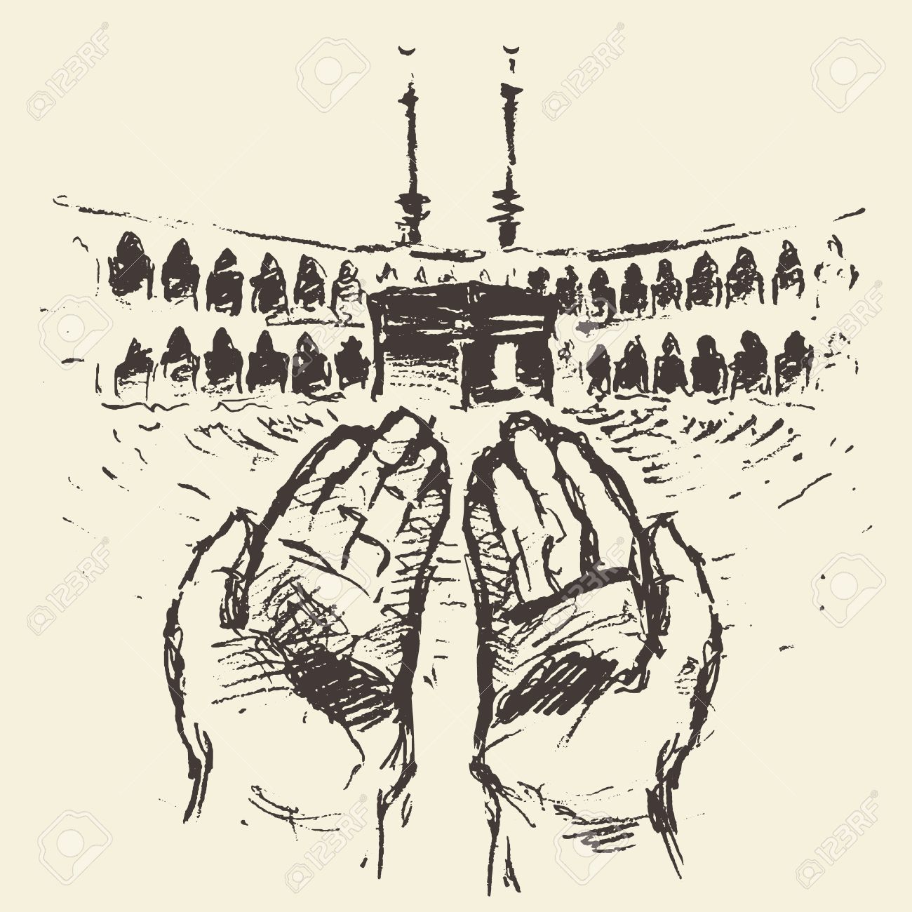 1300x1300 Holy Kaaba In Mecca Saudi Arabia With Praying Hands Vector