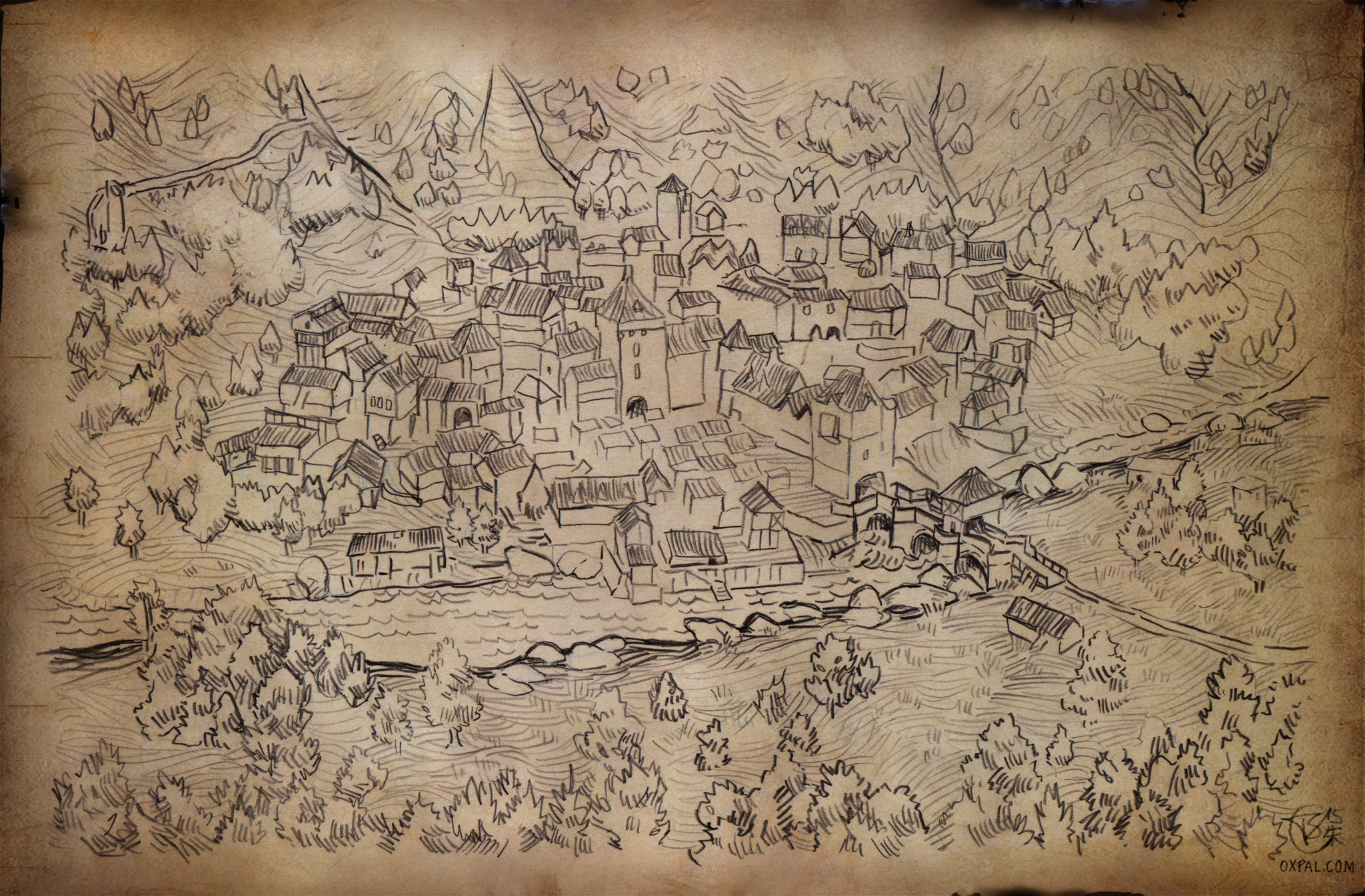 2048x1345 Hand Drawn Medieval Town Map Thomas Schmall