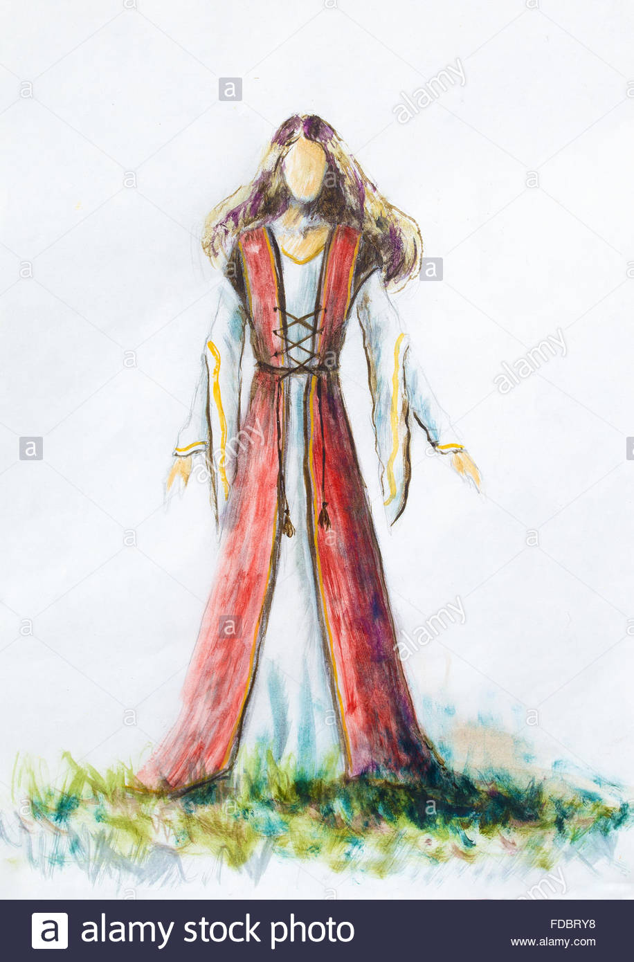 916x1390 Painting Of Woman Medieval Historic Dress On Paper, Designer