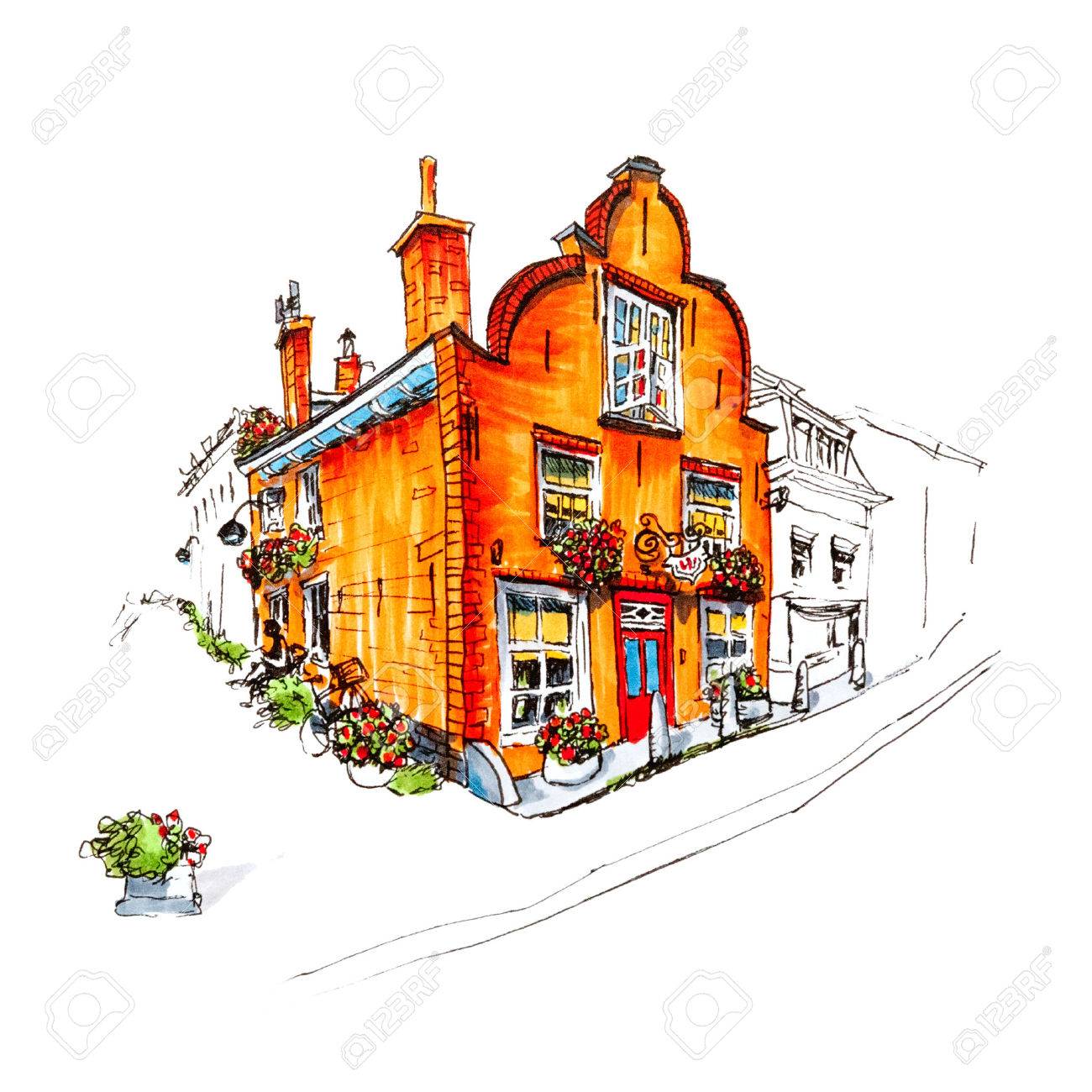 1300x1300 Color Hand Drawing, Scenic City View Of Delft With Beautiful